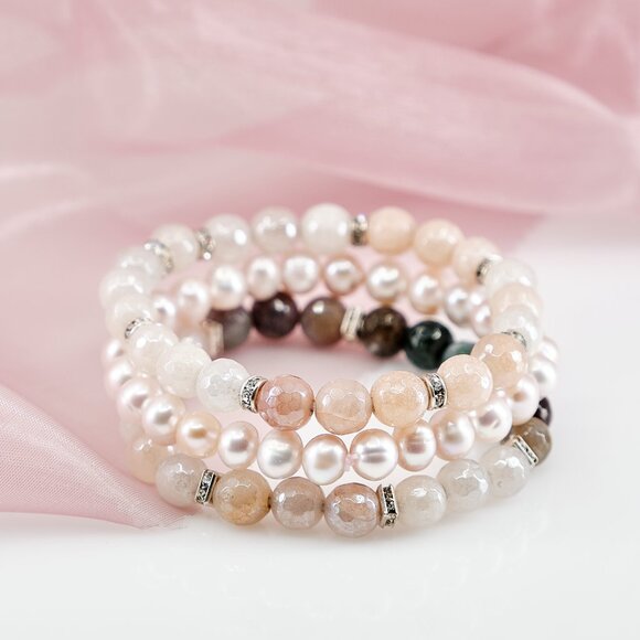 Aventurine Fancy Jasper & Pearl Bracelet, Dainty Stretch Bracelet Set of 3 - Picture 9 of 11